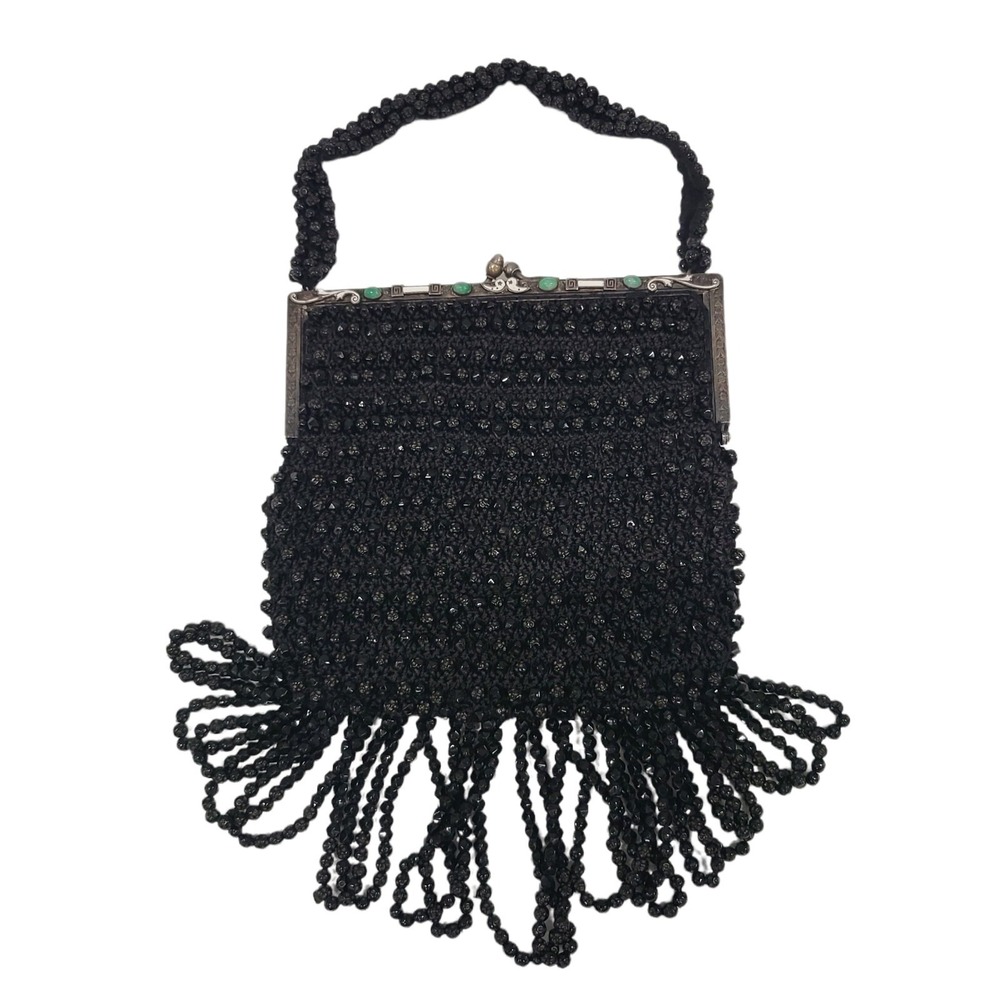 Antique Vintage 1920's Art Deco Beaded Black Flapper Handbag Purse‎ Bag
